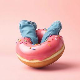 A whimsical, surrealistic doughnut with woman's legs emerging from the center