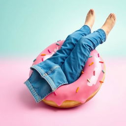 A whimsical, surrealistic doughnut with woman's legs emerging from the center