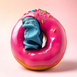 A whimsical, surrealistic doughnut with woman's legs emerging from the center