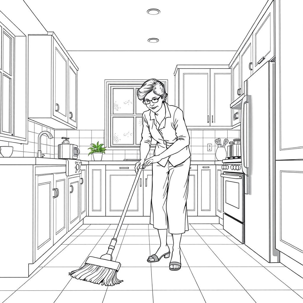 Simone de Beauvoir depicted sweeping the floor in a modern kitchen setting