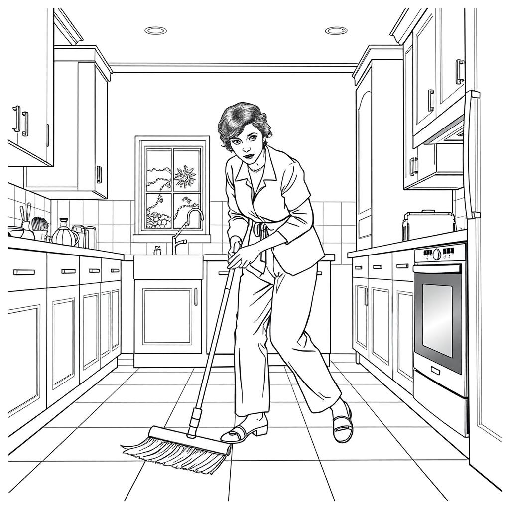 Simone de Beauvoir depicted sweeping the floor in a modern kitchen setting