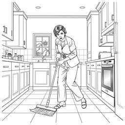 Simone de Beauvoir depicted sweeping the floor in a modern kitchen setting