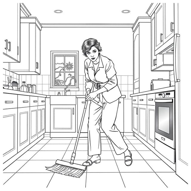 Simone de Beauvoir depicted sweeping the floor in a modern kitchen setting