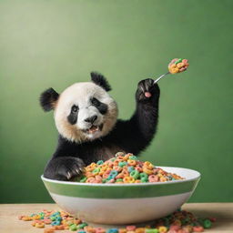 A captivating image of a playful panda reaching forward with a spoon towards an abundant bowl of solely green, bamboo-like striped cereal loops. This vibrant scene is designed for a cereal box cover.