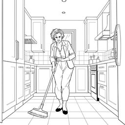 Simone de Beauvoir depicted sweeping the floor in a modern kitchen setting