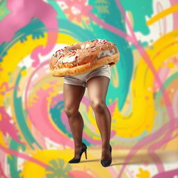 A whimsical, surrealistic doughnut transformed into a full body with woman's legs coming out from the bottom