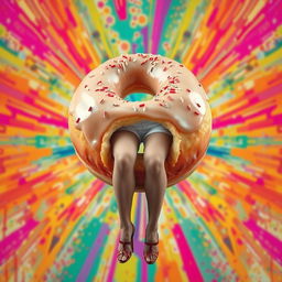 A whimsical, surrealistic doughnut transformed into a full body with woman's legs coming out from the bottom