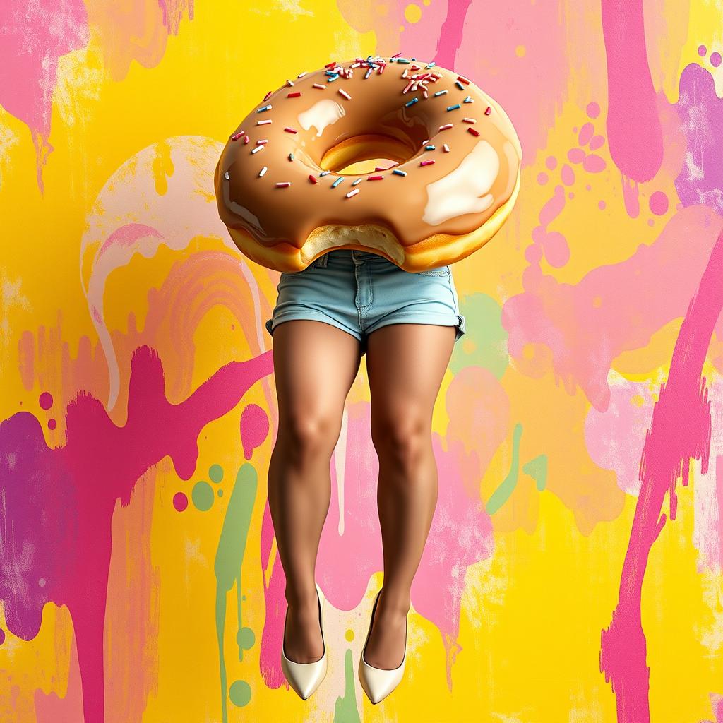 A whimsical, surrealistic doughnut transformed into a full body with woman's legs coming out from the bottom