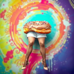 A whimsical, surrealistic doughnut transformed into a full body with woman's legs coming out from the bottom