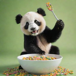 A captivating image of a playful panda reaching forward with a spoon towards an abundant bowl of solely green, bamboo-like striped cereal loops. This vibrant scene is designed for a cereal box cover.