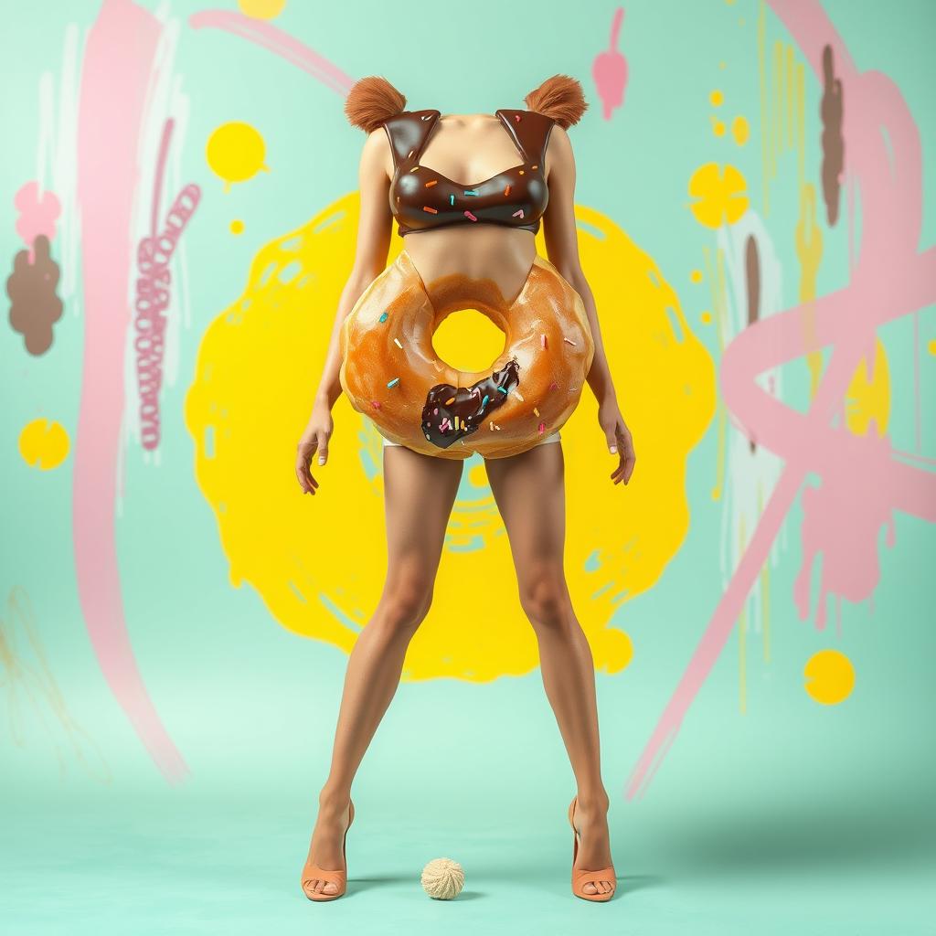 A whimsical, surrealistic doughnut serving as a full body facing forward, with woman's legs elegantly extending from the bottom