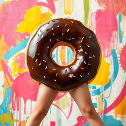 A whimsical, surrealistic doughnut serving as a full body facing forward, with woman's legs elegantly extending from the bottom