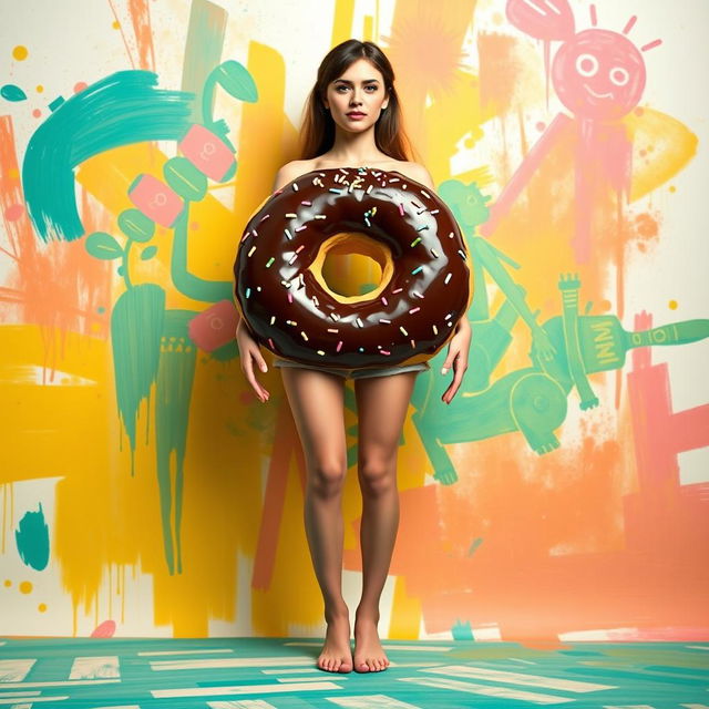 A whimsical, surrealistic doughnut serving as a full body facing forward, with woman's legs elegantly extending from the bottom