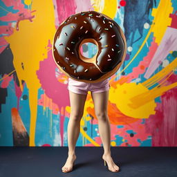 A whimsical, surrealistic doughnut serving as a full body facing forward, with woman's legs elegantly extending from the bottom