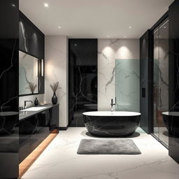 a luxurious bathroom with sophisticated cabinetry crafted from black marble and accented with black wood, exuding elegance and modern style