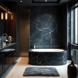 a luxurious bathroom with sophisticated cabinetry crafted from black marble and accented with black wood, exuding elegance and modern style