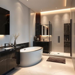 a luxurious bathroom with sophisticated cabinetry crafted from black marble and accented with black wood, exuding elegance and modern style