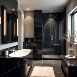 a luxurious bathroom with sophisticated cabinetry crafted from black marble and accented with black wood, exuding elegance and modern style