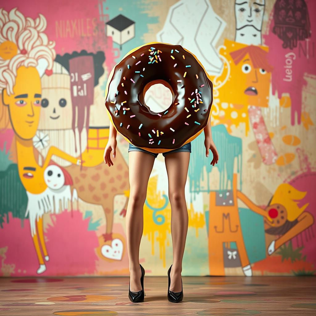 A fantastical doughnut forms a full body facing forward, with elegant woman's legs extending from it