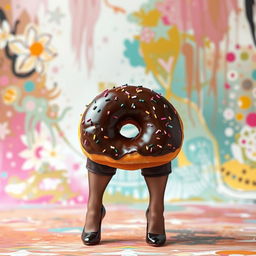 A fantastical doughnut forms a full body facing forward, with elegant woman's legs extending from it