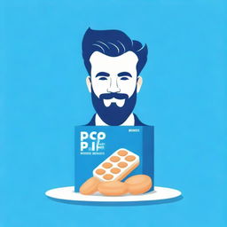 A logo featuring Sam Sulek designed stylishly, placed against a vivid blue background, with a box of protein puffs cereal in the foreground.