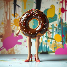 A fantastical doughnut forms a full body facing forward, with elegant woman's legs extending from it