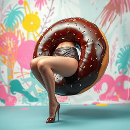 A fantastical doughnut forms a full body facing forward, with elegant woman's legs extending from it