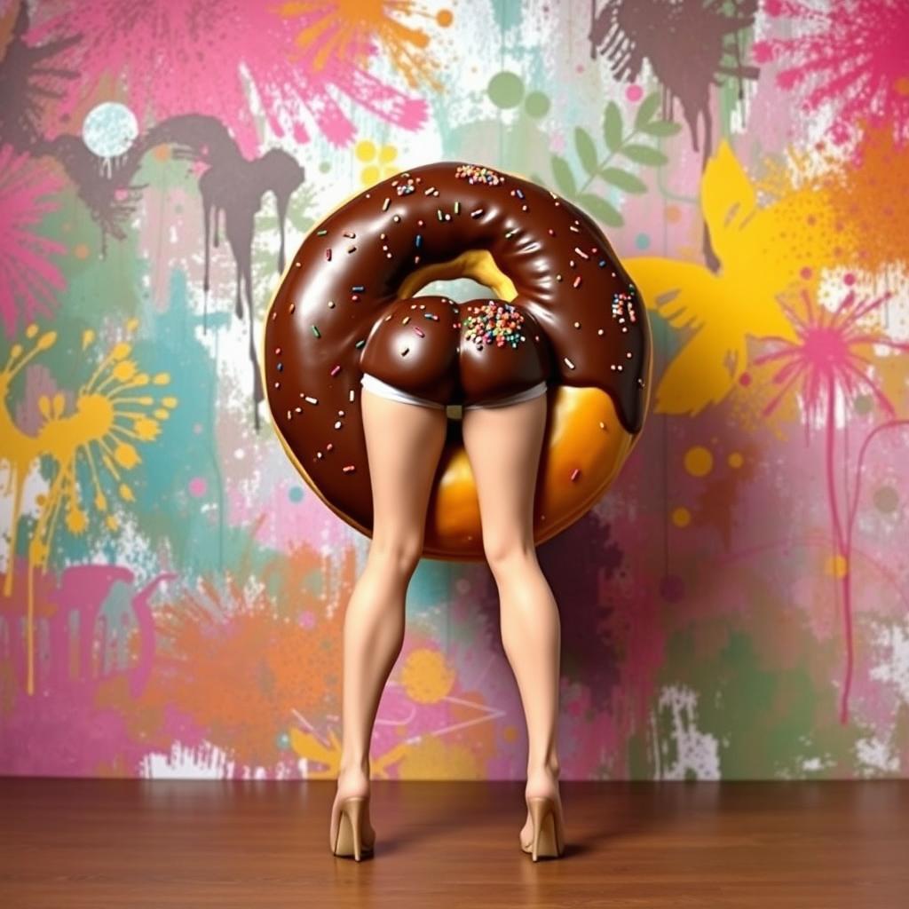 A large, whimsical doughnut serving as a full body facing forward, with graceful woman's legs elegantly extending from the bottom