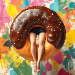 A large, whimsical doughnut serving as a full body facing forward, with graceful woman's legs elegantly extending from the bottom