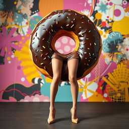 A large, whimsical doughnut serving as a full body facing forward, with graceful woman's legs elegantly extending from the bottom