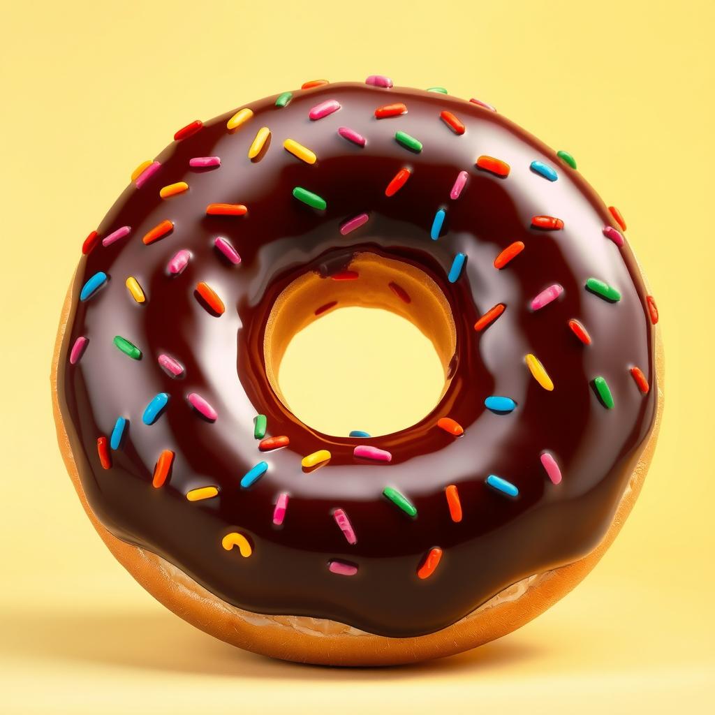 A large, whimsical doughnut facing forward, showcasing its glossy chocolate glaze and vibrant, colorful sprinkles