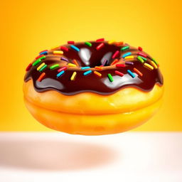 A large, whimsical doughnut facing forward, showcasing its glossy chocolate glaze and vibrant, colorful sprinkles