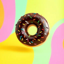 A large, whimsical doughnut facing forward, showcasing its glossy chocolate glaze and vibrant, colorful sprinkles