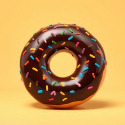 A large, whimsical doughnut facing forward, showcasing its glossy chocolate glaze and vibrant, colorful sprinkles