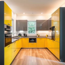 A modern kitchen with stylish cabinetry in a dynamic combination of yellow and grey, creating a vibrant yet elegant look