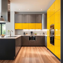 A modern kitchen with stylish cabinetry in a dynamic combination of yellow and grey, creating a vibrant yet elegant look