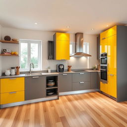 A modern kitchen with stylish cabinetry in a dynamic combination of yellow and grey, creating a vibrant yet elegant look