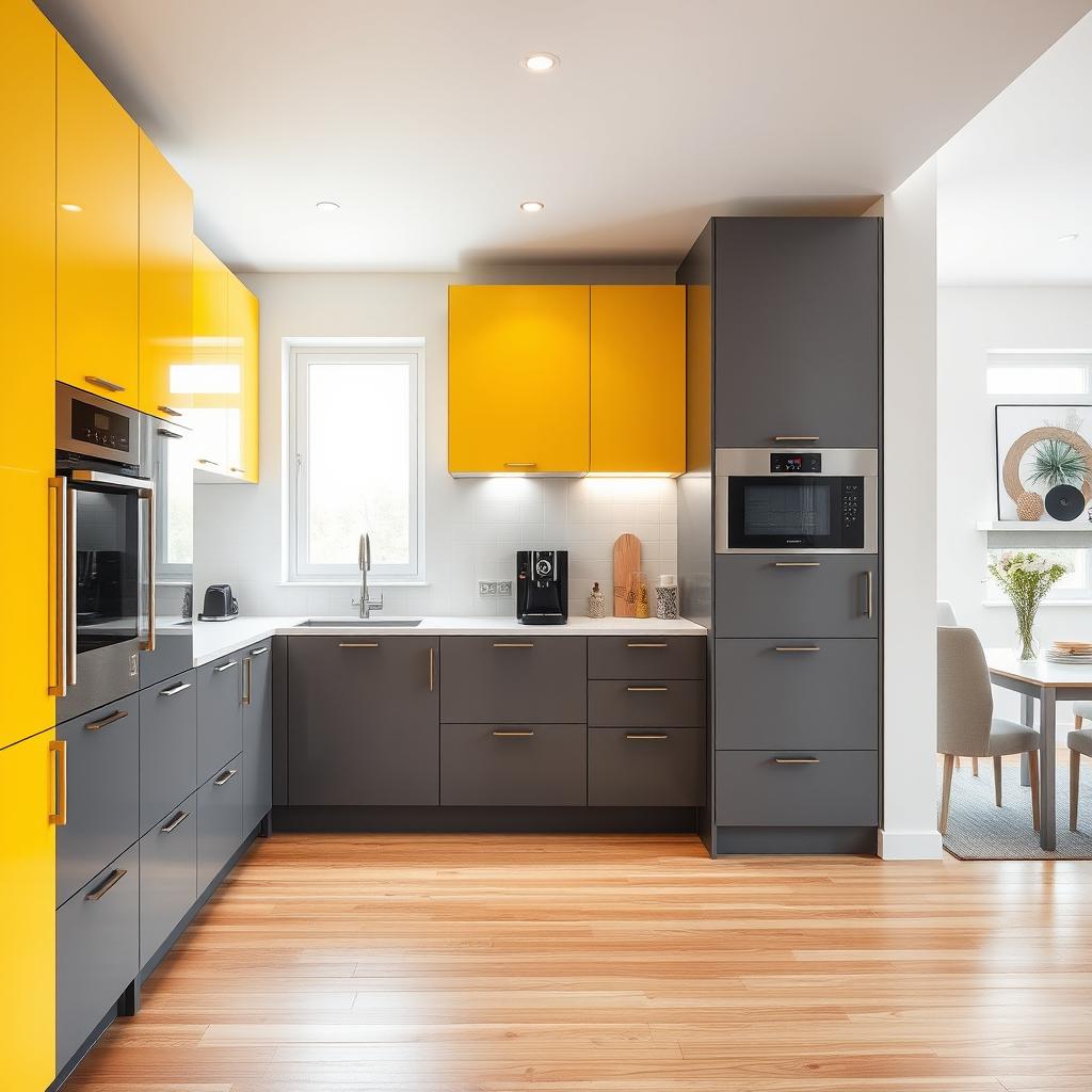 A modern kitchen with stylish cabinetry in a dynamic combination of yellow and grey, creating a vibrant yet elegant look