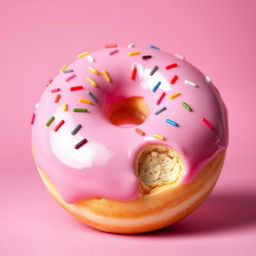 A large, delightful pink doughnut facing forward, prominently featuring a playful bite mark