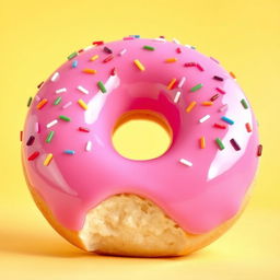 A large, delightful pink doughnut facing forward, prominently featuring a playful bite mark