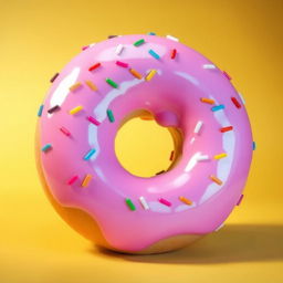 A large, delightful pink doughnut facing forward, prominently featuring a playful bite mark