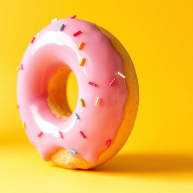 A large, delightful pink doughnut facing forward, prominently featuring a playful bite mark