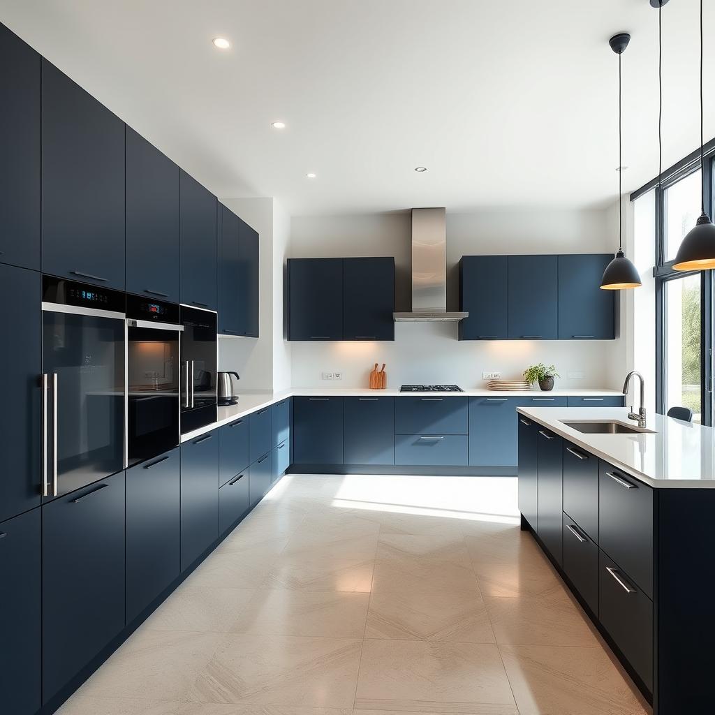 A modern kitchen featuring sleek cabinetry in a bold combination of dark blue and grey, offering a sophisticated and contemporary vibe