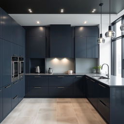 A modern kitchen featuring sleek cabinetry in a bold combination of dark blue and grey, offering a sophisticated and contemporary vibe