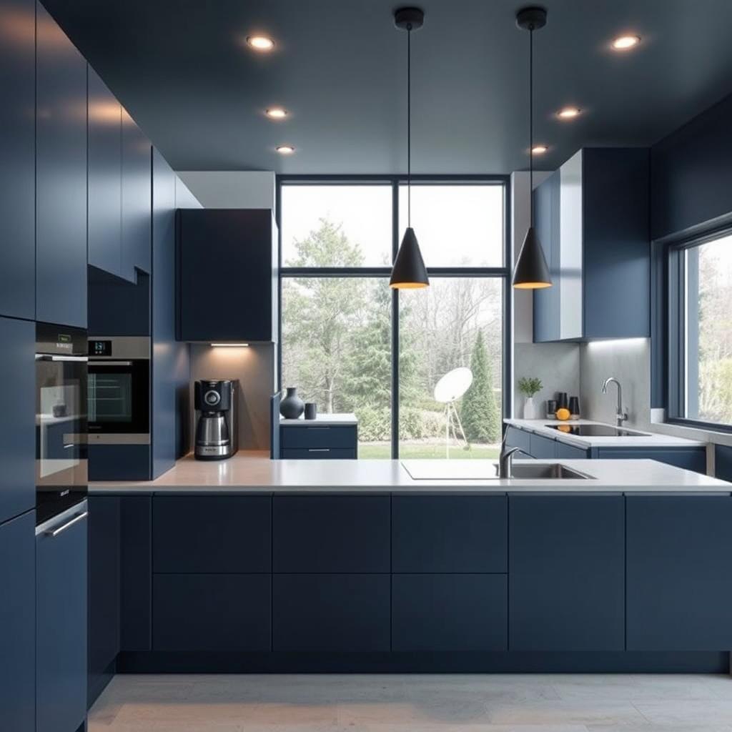 A modern kitchen featuring sleek cabinetry in a bold combination of dark blue and grey, offering a sophisticated and contemporary vibe