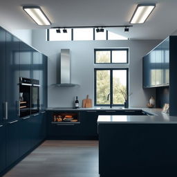 A modern kitchen featuring sleek cabinetry in a bold combination of dark blue and grey, offering a sophisticated and contemporary vibe