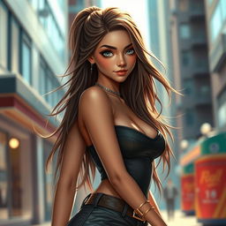 A stunning, realistic depiction of a hot girl with captivating eyes, long flowing hair, and a confident smile