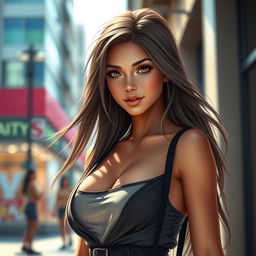 A stunning, realistic depiction of a hot girl with captivating eyes, long flowing hair, and a confident smile