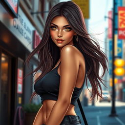 A stunning, realistic depiction of a hot girl with captivating eyes, long flowing hair, and a confident smile