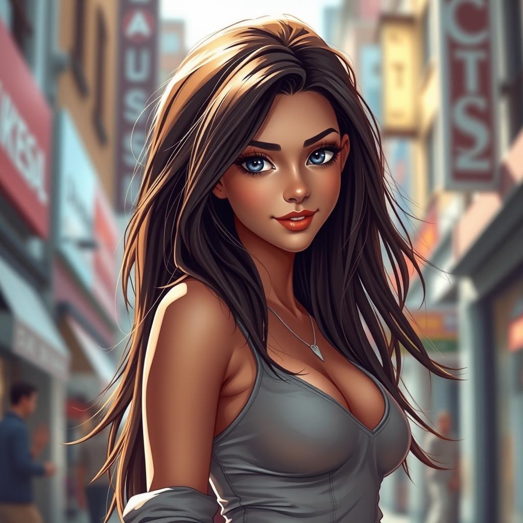 A stunning, realistic depiction of a hot girl with captivating eyes, long flowing hair, and a confident smile